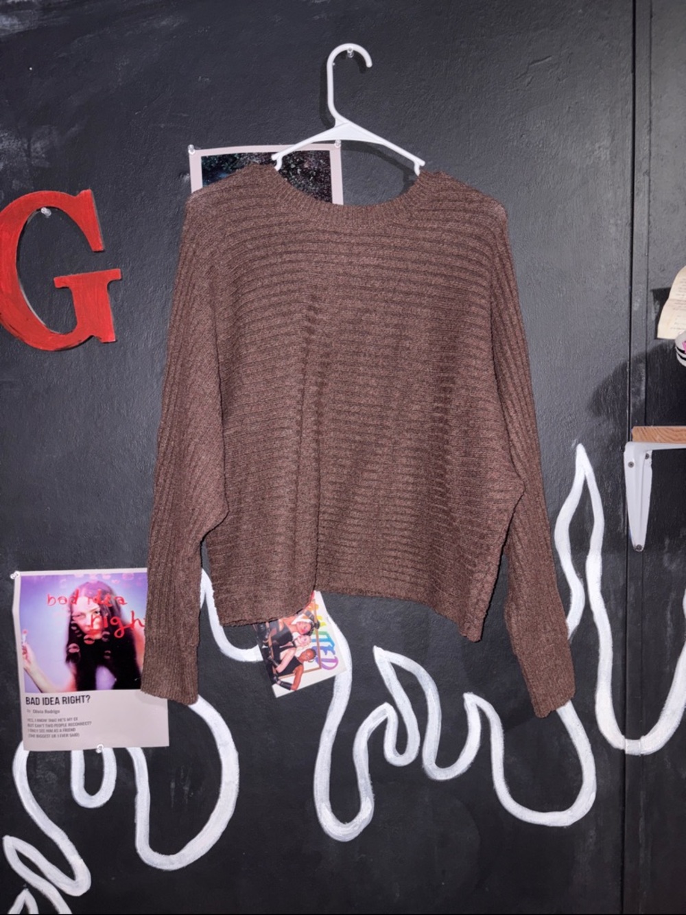 Pink Rose Brown Ribbed Crew Neck Sweater